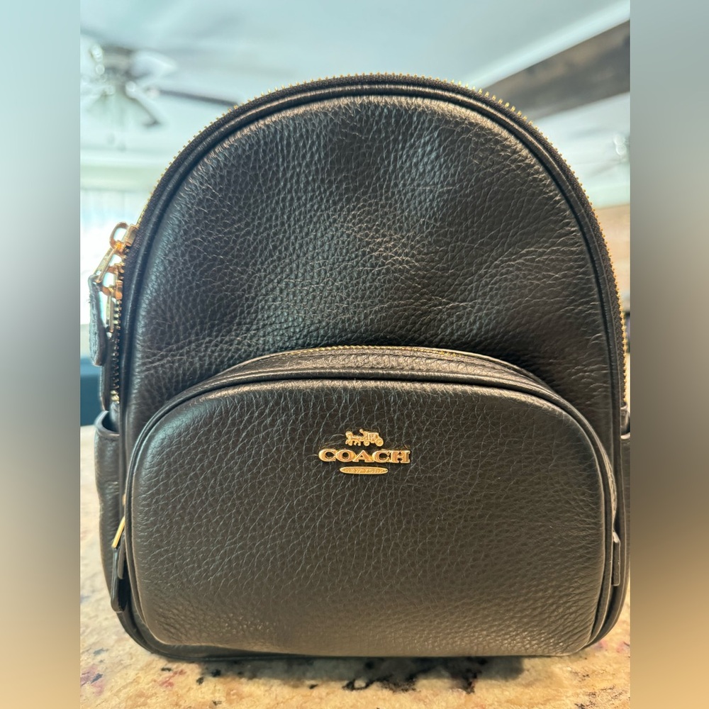 Coach Black Pebbled Leather Mini Backpack with Gold Logo